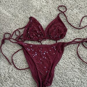 Skims- Elegant Burgundy Bikini with Rhinestone Accents